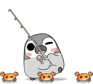 つりざおを持ったぺそぎんと、あつまってきたカニ